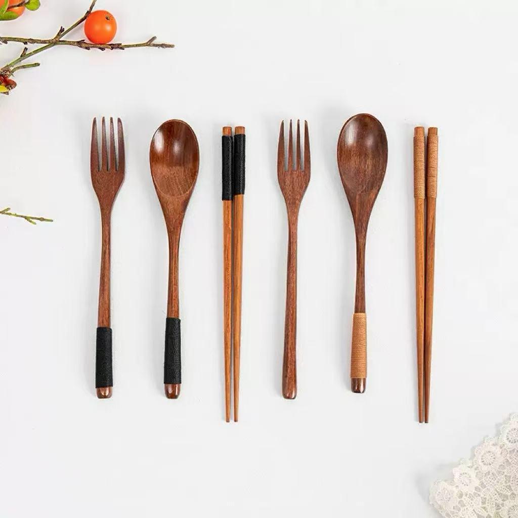 Japanese-Style Wooden Chopsticks, Spoon, and Fork Set with Portable Cloth Bag