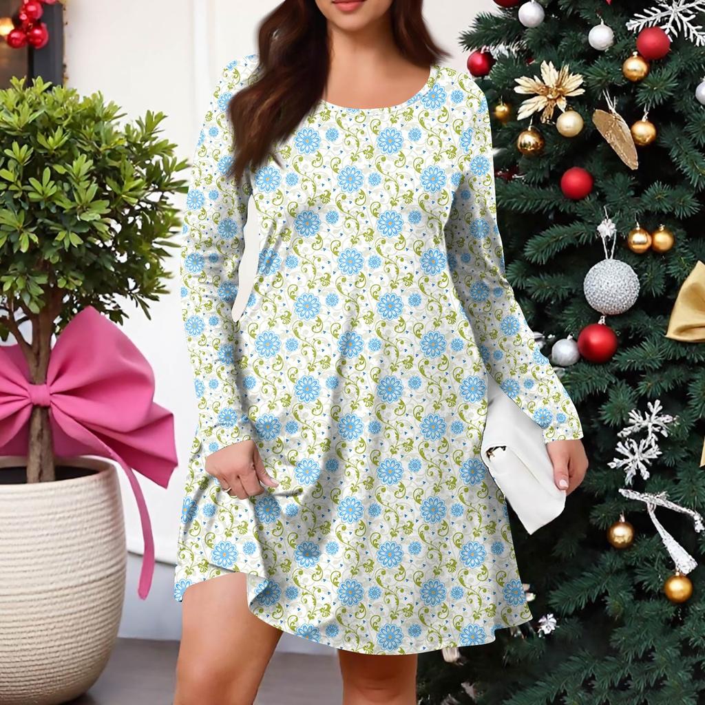 Plus Size Women's Gradient Print Casual Spring/Autumn Pocket Round Neck Long Sleeve Dress