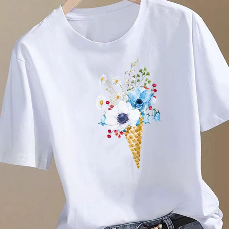 (Asian Size) sweet watercolor trend Women Fashion Print Female Clothing T Shirt Tee Top Woman Short Sleeve Graphic T-shirts