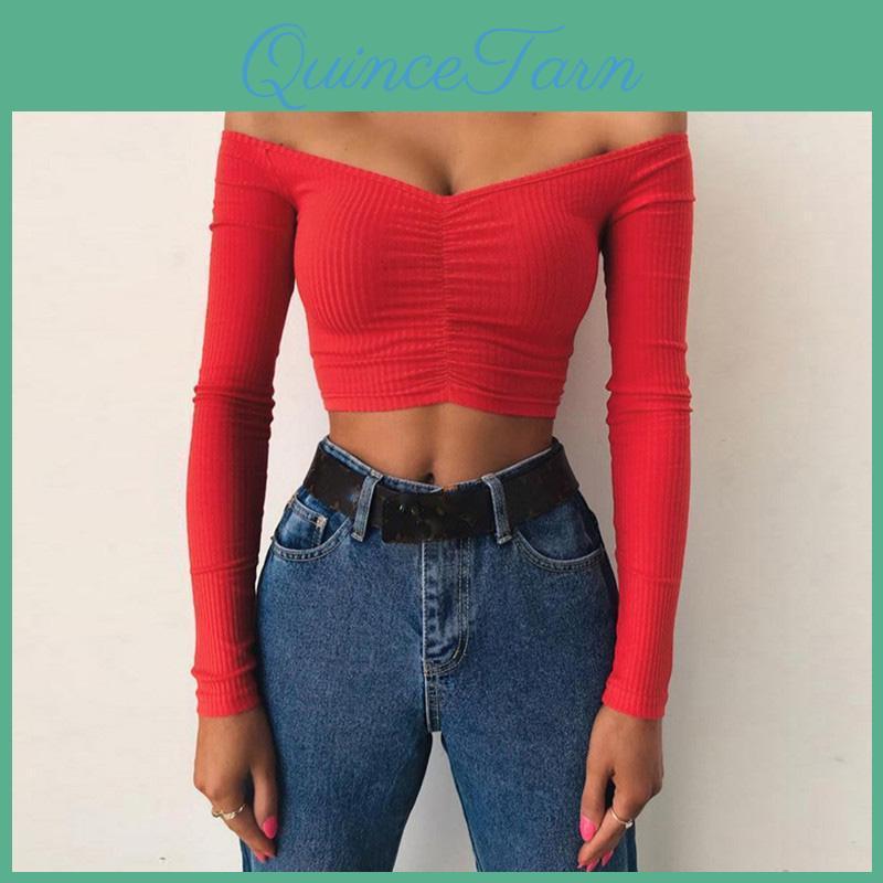 And Club Sexy Tshirts Women Fashion Female Tshirt Long Sleeve Off Shoulder Solid Color Lady Tshirt Autumn Basic Tees