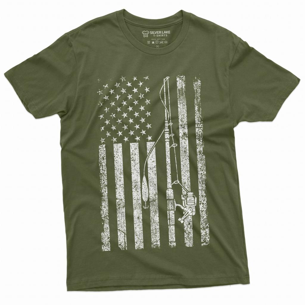 Herren USA Amerikanische Fisch Flagge T-Shirt Angeln Tshirt Militär Grün Fischer Tee