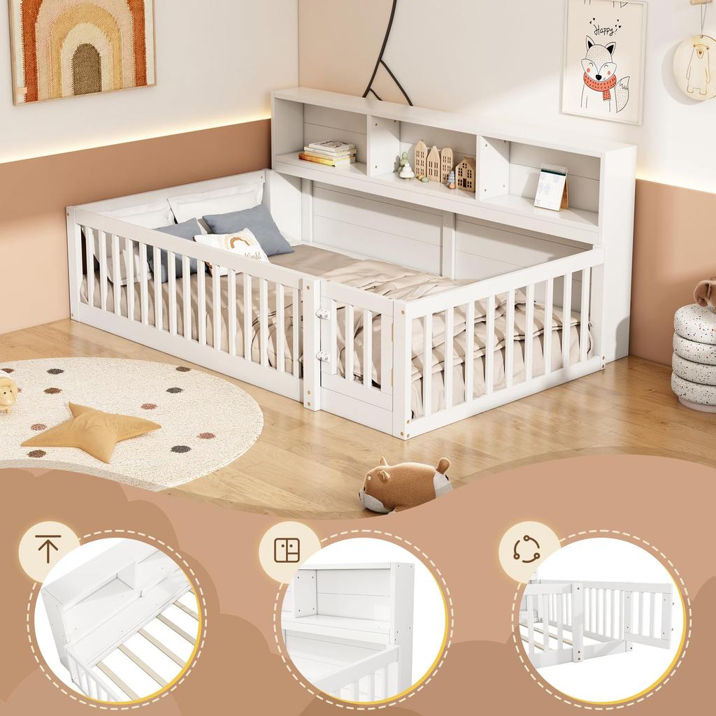 Kinderbett 90x200 Bodenbett Staufach Brüstung Türen Funktionsbett Holzbett Lattenrost Tagesbett Jugendbett Kiefernholz ohne Matratze weiß