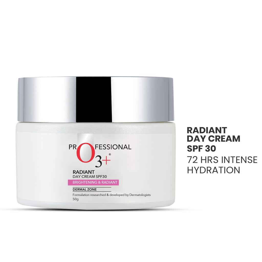 O3+ Radiant Day Cream SPF 30 For Glowing Even Skin Tone Moisturises Protects All Skin Types 50g