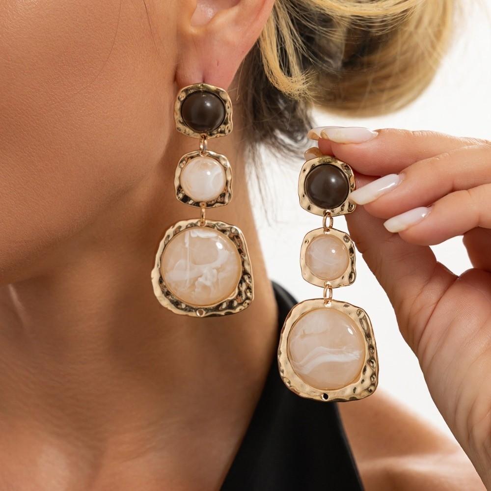 Gold Tone Statement Dangle Earrings Round Shape Marbled Geometric Earrings Holiday Gifts