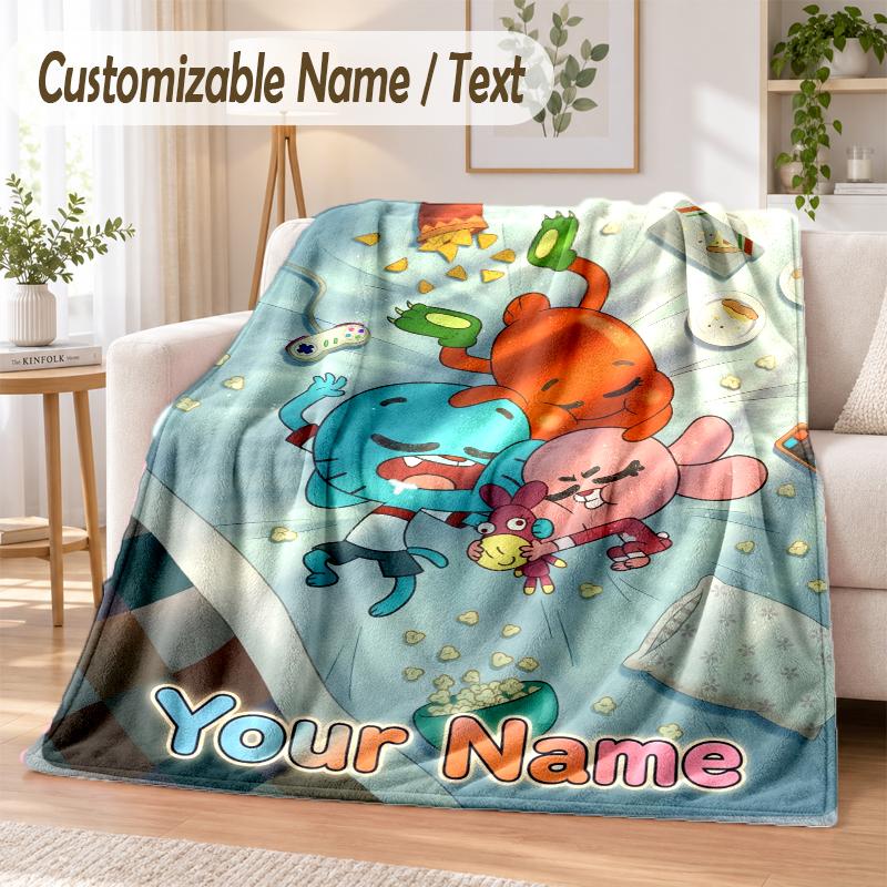 Amazing World of Gumball Custom Name Flannel Throw Blanket Soft Warm for Sofa Bed Indoor Home Use