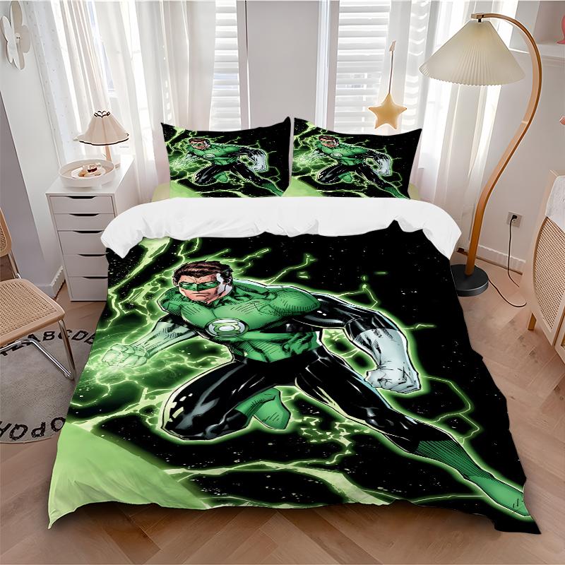 3Pcs Green Lantern Action Bedding Set Soft Fabric Duvet Cover Pillowcases Home Christmas Xmas Halloween Gift 1 Duvet Cover 2 Pillowcase G139