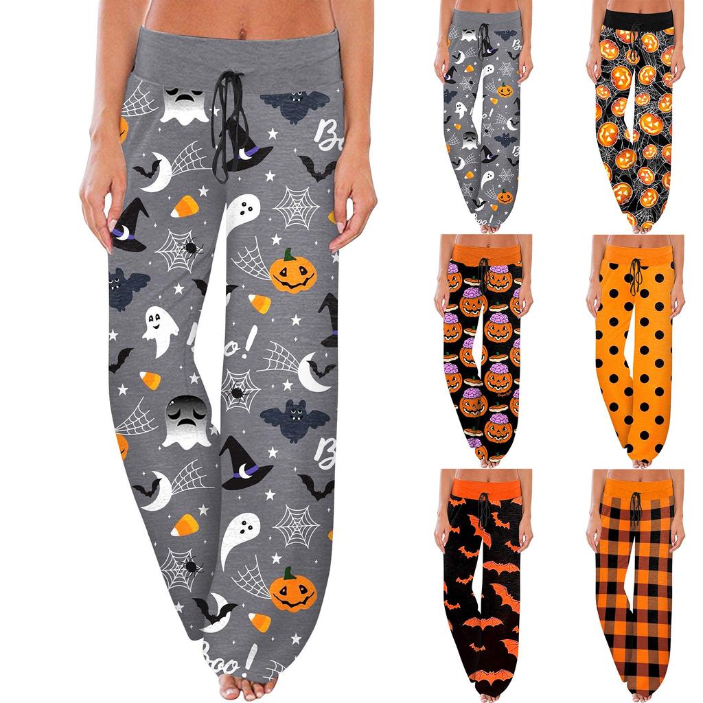 Women's Comfy Pajama Pants Pocket Halloween Print Drawstring Wide Leg Pants