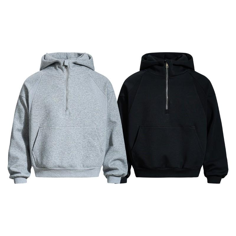 Unisex Streetwear Cropped Hoodie With Half-Zip Deconstructed Patchwork Drop Shoulder Pouch Pocket