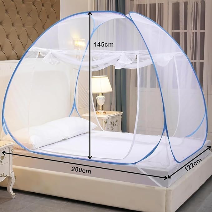 Double Bed Mosquito Net/Machhardani 6.5 x 6.5 Feet with Foldable Steel Frame | Polyester Adults Mosquito Net for Family Sleeping |