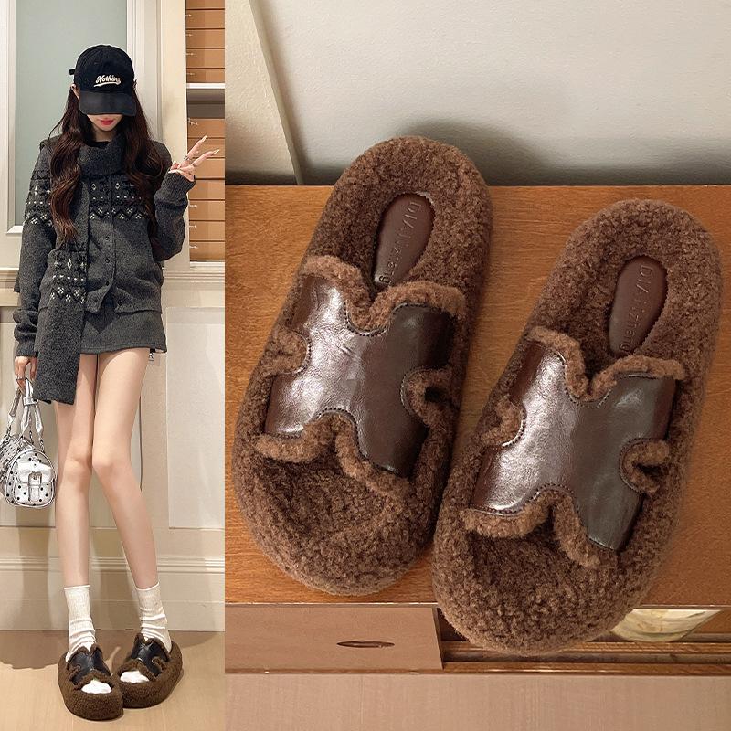 Mao Mao slippers women's velvet warm imitation lamb wool soft soles wear inside and outside spring and autumn new one-pedal lazy shoes