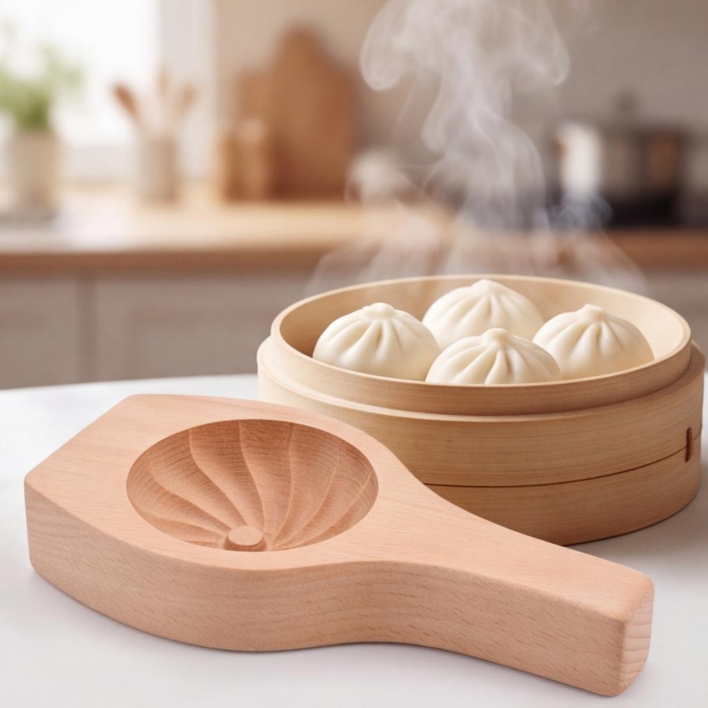 Wooden Steamed Bun Mold: DIY Baozi Dumpling Mooncake Pastry Maker with Filling Spoon - Sturdy Solid Wood Kitchen Tool for Family Cooking 8.15 inch