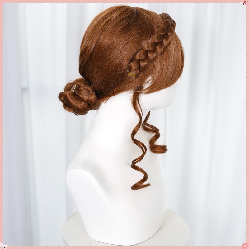 New Frozen Anna Cosplay Wig Brown Braided Updo with Curly Side Locks New Style Princess Anna Hair for Cosplay Party Halloween