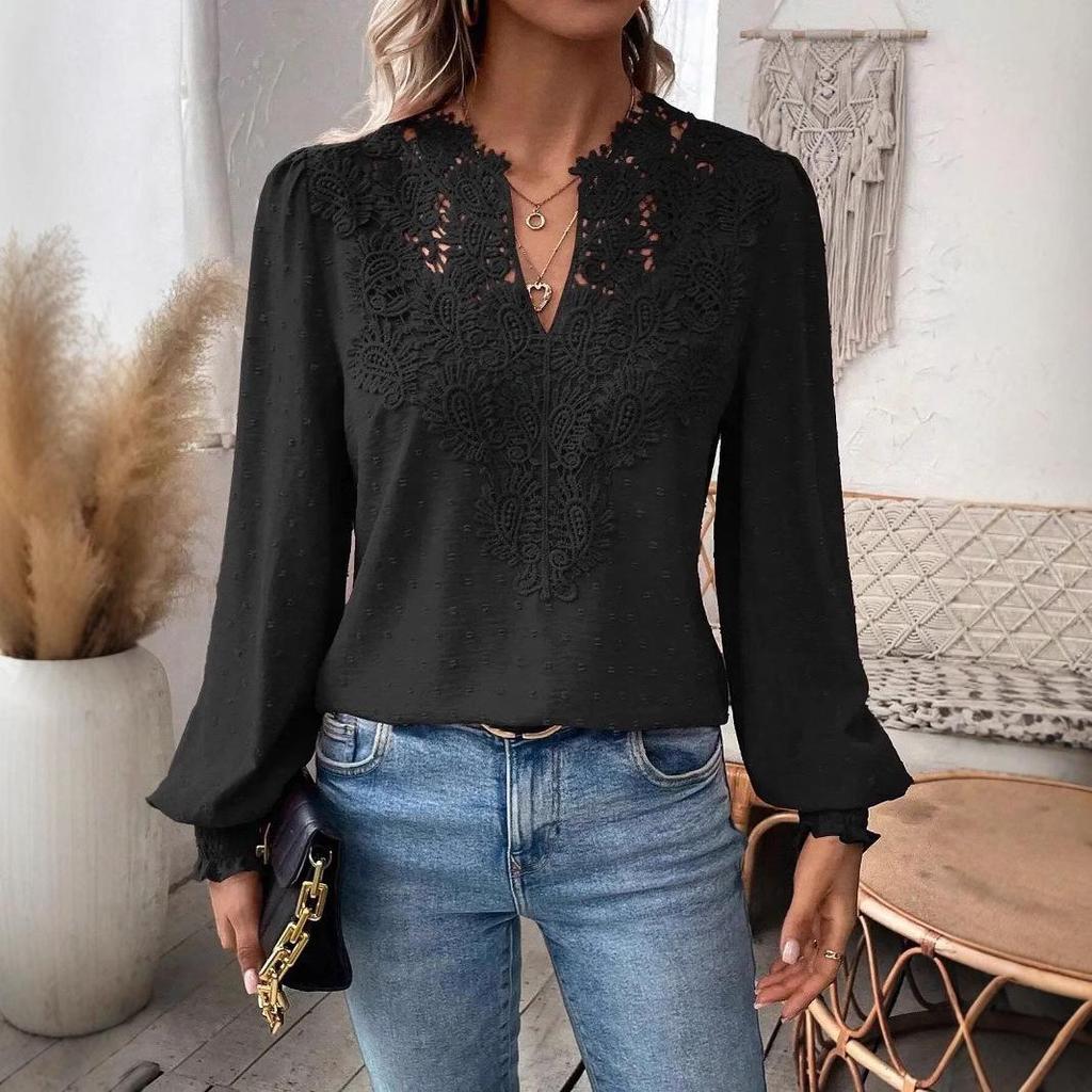 Женский повседневный топ с V-образным вырезом, кружевом, однотонный, с длинным рукавом, для осени и зимы, 2024.