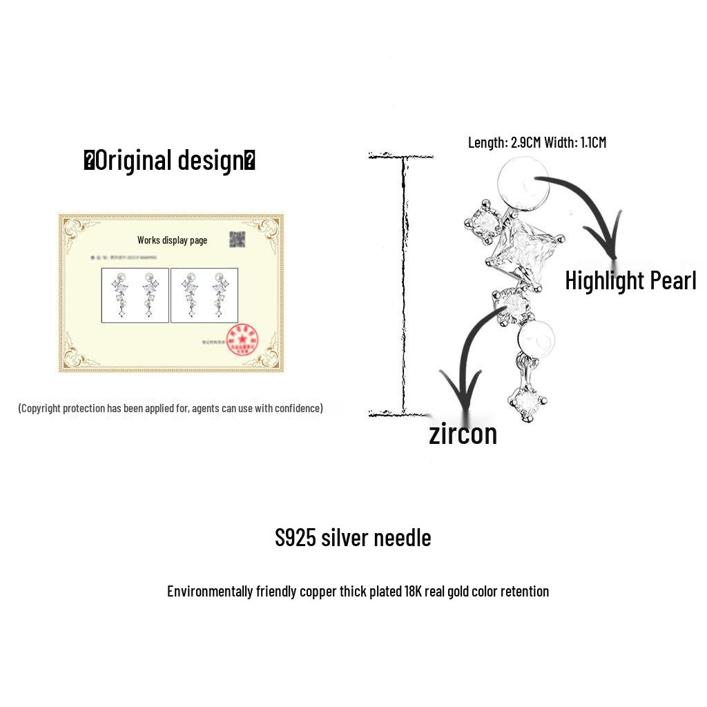 Gold-Plated French Pearl Tassel Earrings with Geometric Zircon Design for Women