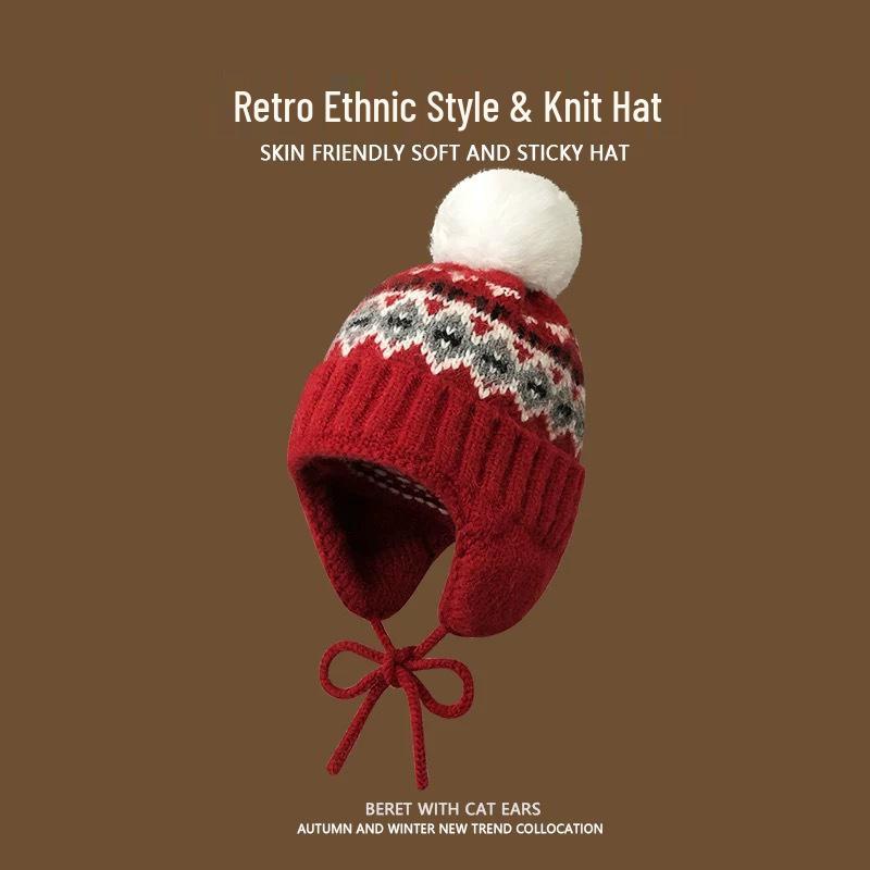 Женская вязаная шапка-бини с ушками в стиле Fair Isle - Теплая толстая шапка для осени и зимы
