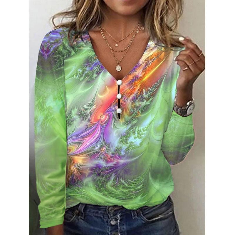 Spring and Autumn Women's Blouse V Collar Star Tie-dye Pearl Buttons Long Sleeve T-shirt