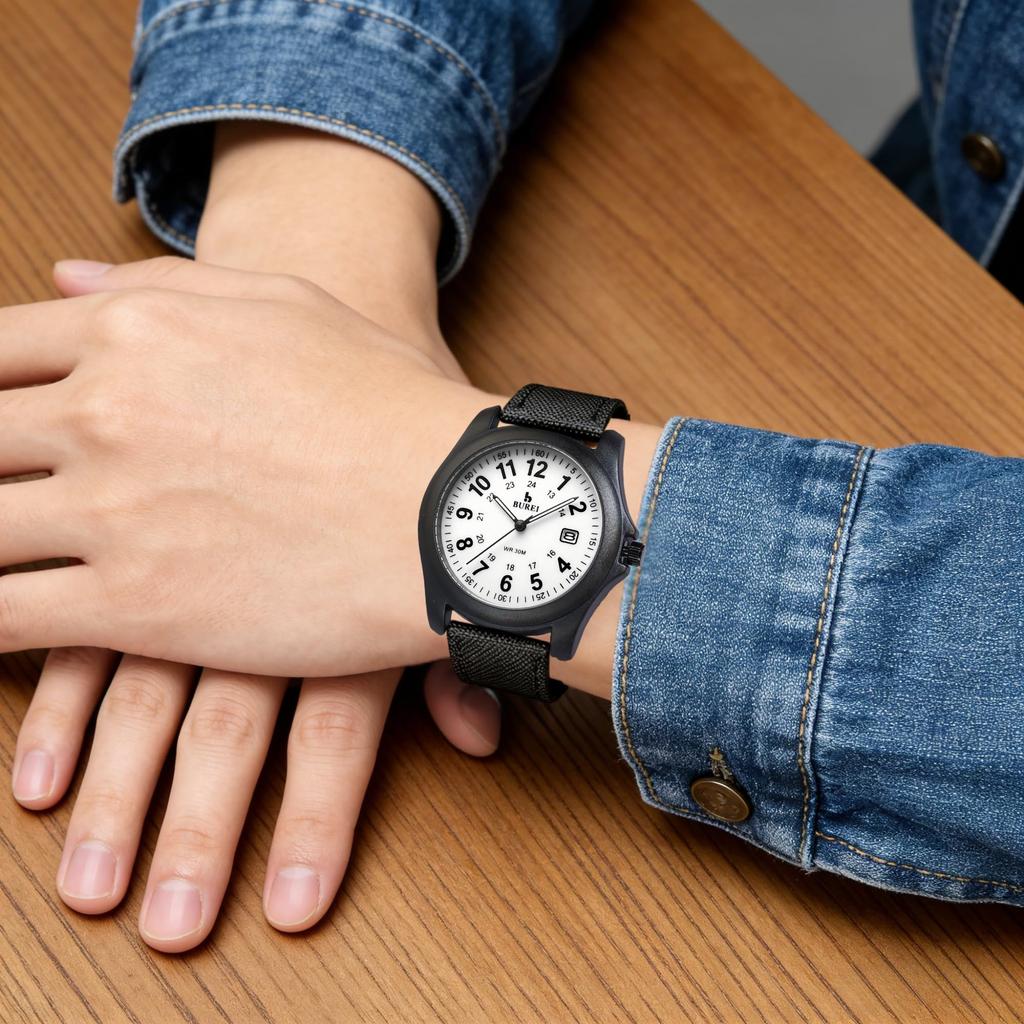 Мужские кварцевые аналоговые часы BUREI, Простой дизайн, Отображение даты, Водонепроницаемые, Люминесцентные, Легкие, Черные, Ремешок из силикагеля, Унисекс, Стильные, Повседневные,