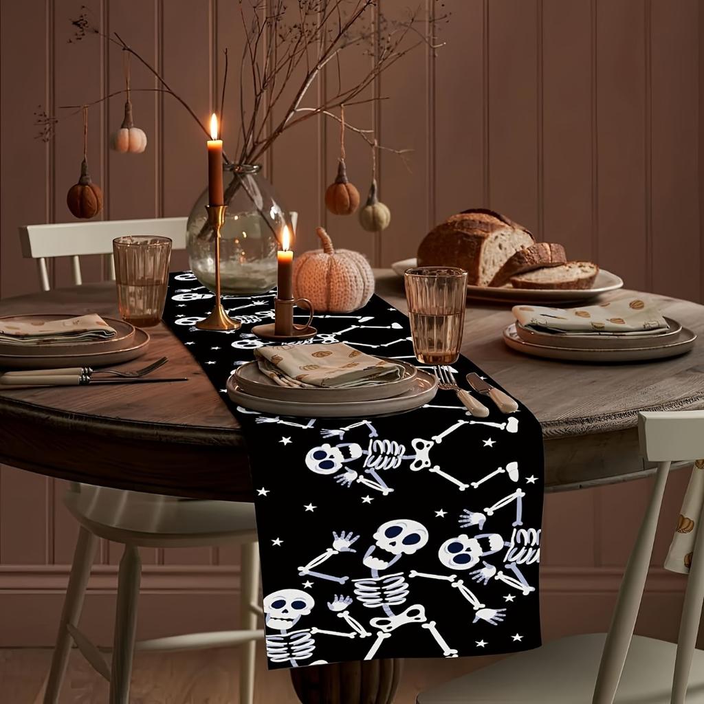 1pc Black Halloween Table Runner Skeleton Dance Print Table Runner Waterproof Durable Tablecloth for Halloween Party Decoration