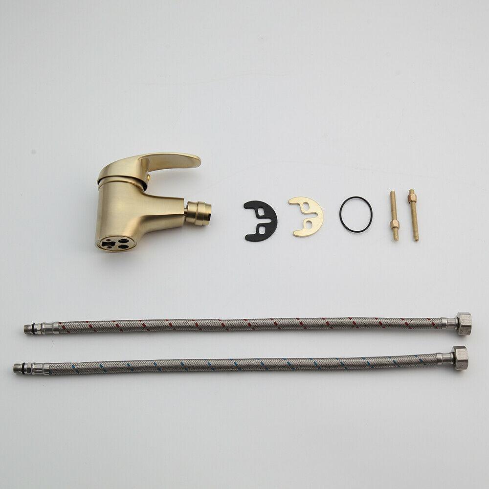 Brushed Gold Stainless Steel Single Hole Ceramic Bathroom Bidet Faucet Wash Basin Sink Mixer Tap Waterfall Spout Hot & Cold