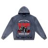 DTG print Knitted Denim Zip-Up Hoodie Hotroad Speed Shop Brother Print Zipper Hoodies  