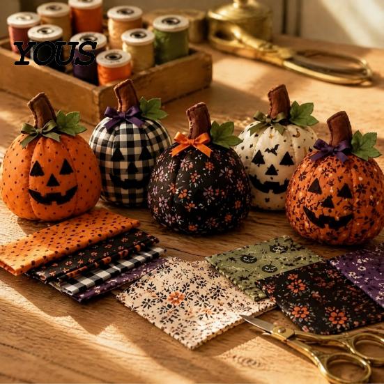 Halloween Patchwork Ornaments Fall Quilting Fabric for Pumpkins, Square Autumn Precut Quilted Fabric, Vintage Polka Decorative Gourds Porch