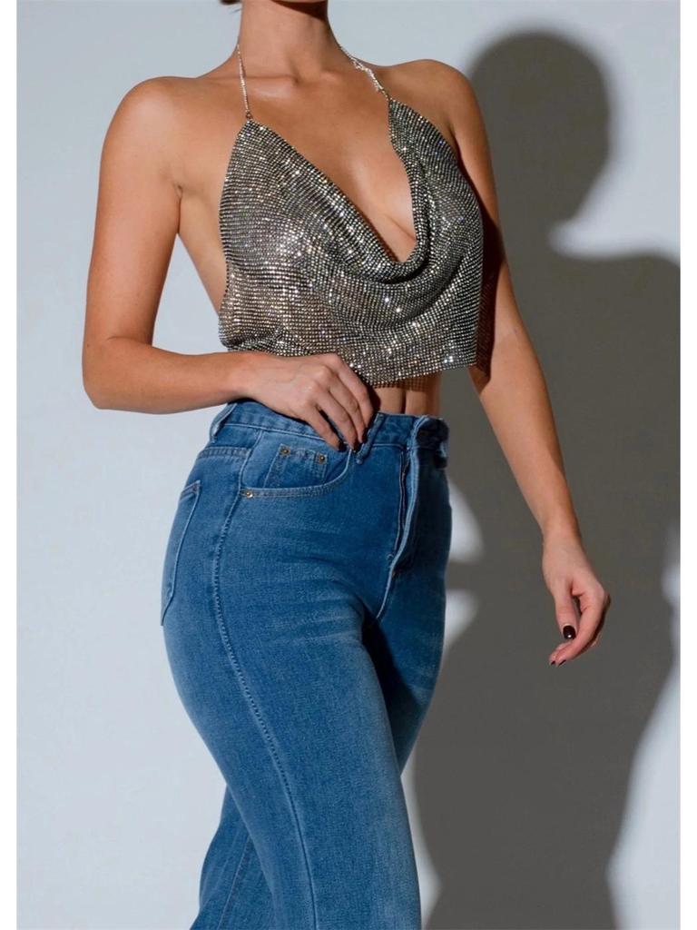 Европейская и американская мода Стразы Цепочка Бретелька Глубокий V-образный вырез Открытая спина Кроп-топ