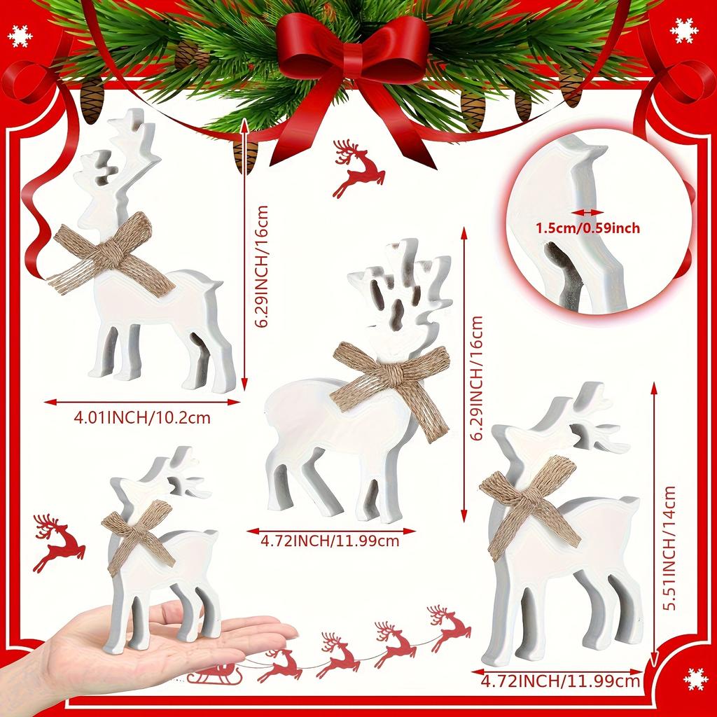 3Pcs Christmas-Themed White Reindeer Decorative Ornaments Made Of PVC Material - With Jute Rope Bows, Suitable For Tabletop And Holiday Atmosphere