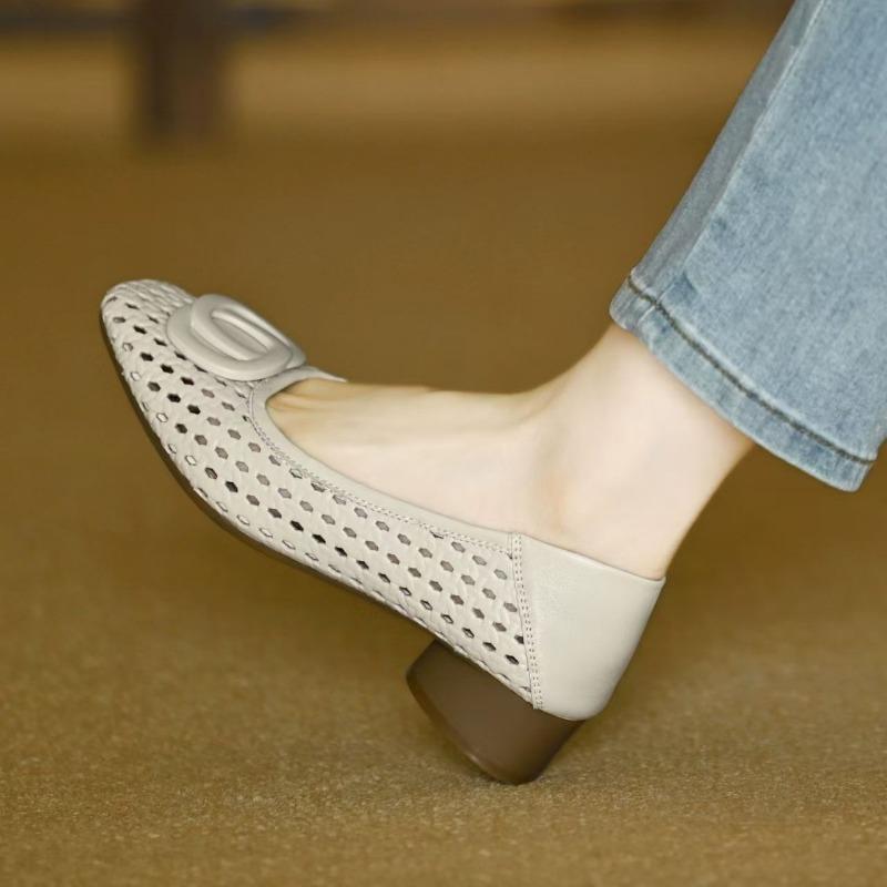 Commuter Metal Buckle Square Head Breathable Hollow Hole Shoes Retro Soft Leather Thick Heel Mary Jane Small Leather Shoes Women