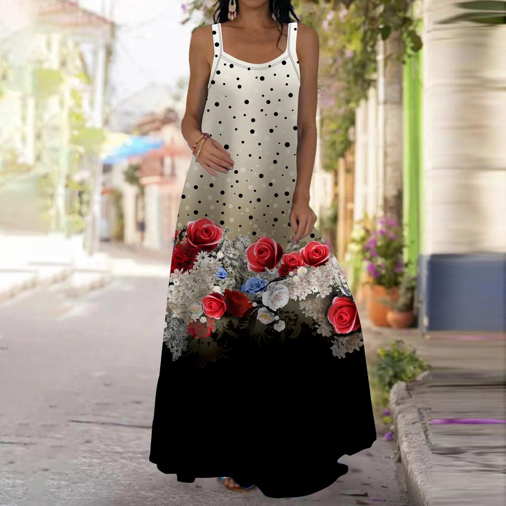 Женское платье-комбинация Длинное платье макси Розовое платье с принтом рододендрона Весна и лето Для отдыха и отпуска