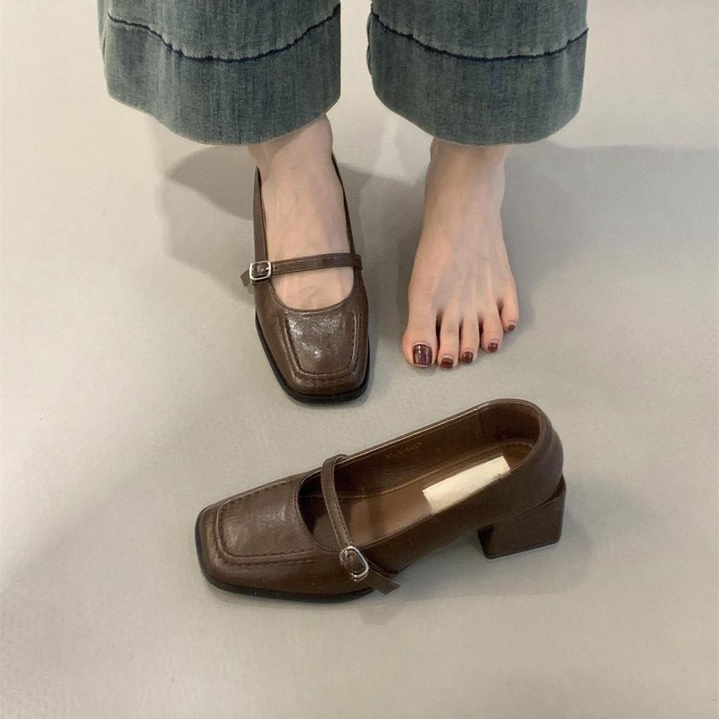 Retro Square Head High Heels, Shallow Mouth Single Shoes, Women's Spring and Autumn New French Temperament, Evening Breeze Thick Heel Leather Shoes