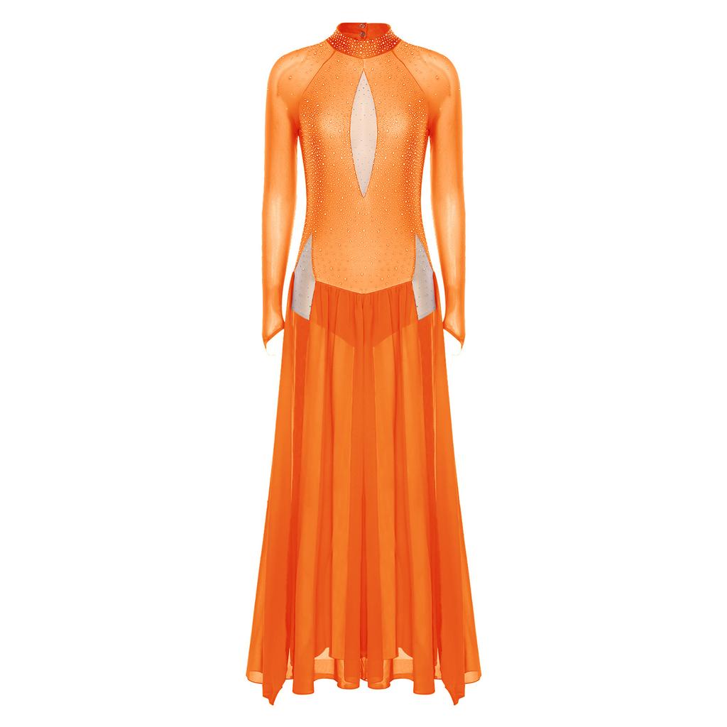 Женское блестящее платье для лирического танца со стразами, с длинным рукавом, открытой спиной, шифоновой юбкой с разрезом, цельный купальник-платье