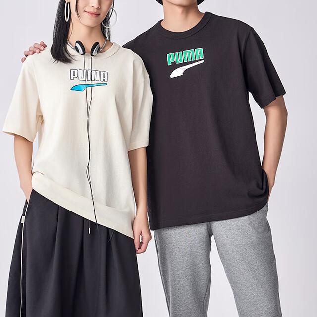 Puma Downtown American Letter Logo Print Casual Pullover Круглый вырез Дышащая футболка с коротким рукавом Унисекс Футболка Черная 535359-56