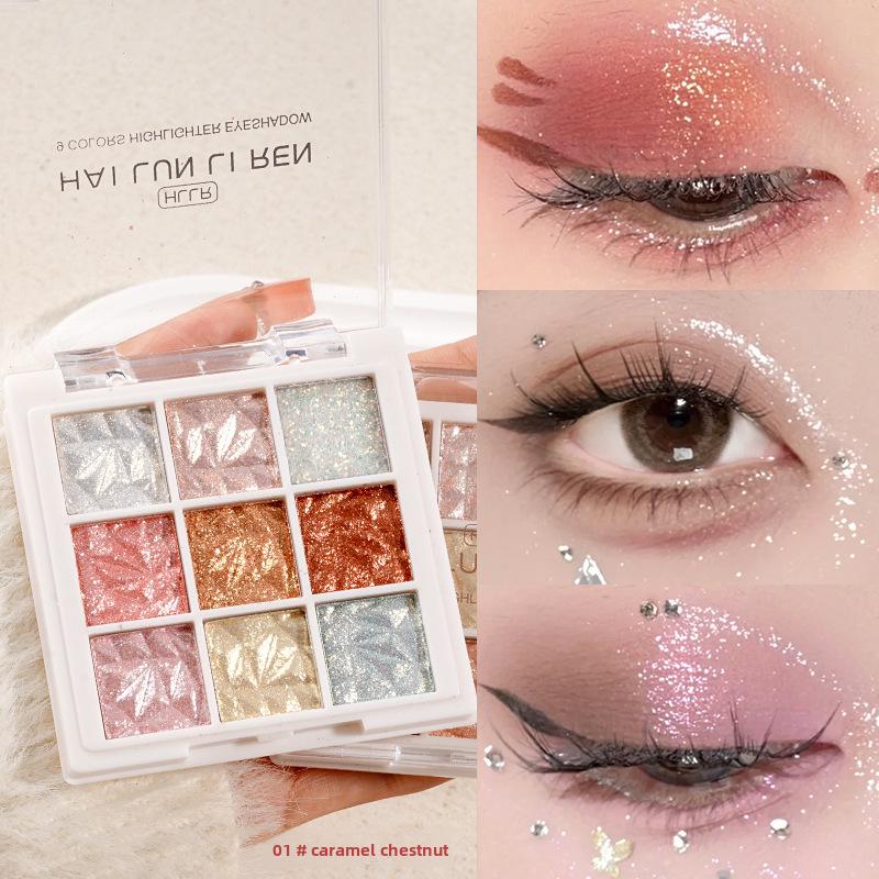 9-Color Earth Tone Eyeshadow Palette: High-Gloss, Fine Glitter, Pearlescent, Matte Finishes with a Nine-Square Grid.