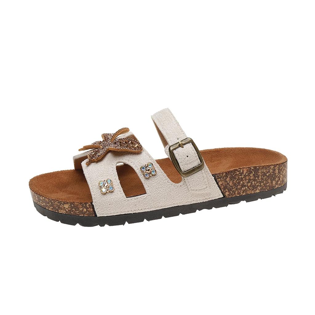 2025 Summer Outdoor Casual Sandals Platform Open Toe Women's Shoes with Metal Decor & Crystal Butterfly Buckle Slippers