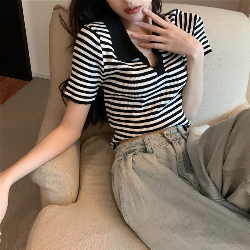 Летние женские трикотажные поло с короткими рукавами и высокой талией, тонкая футболка из ледяного шелка с воротником-поло, полосатые футболки черного, синего цвета