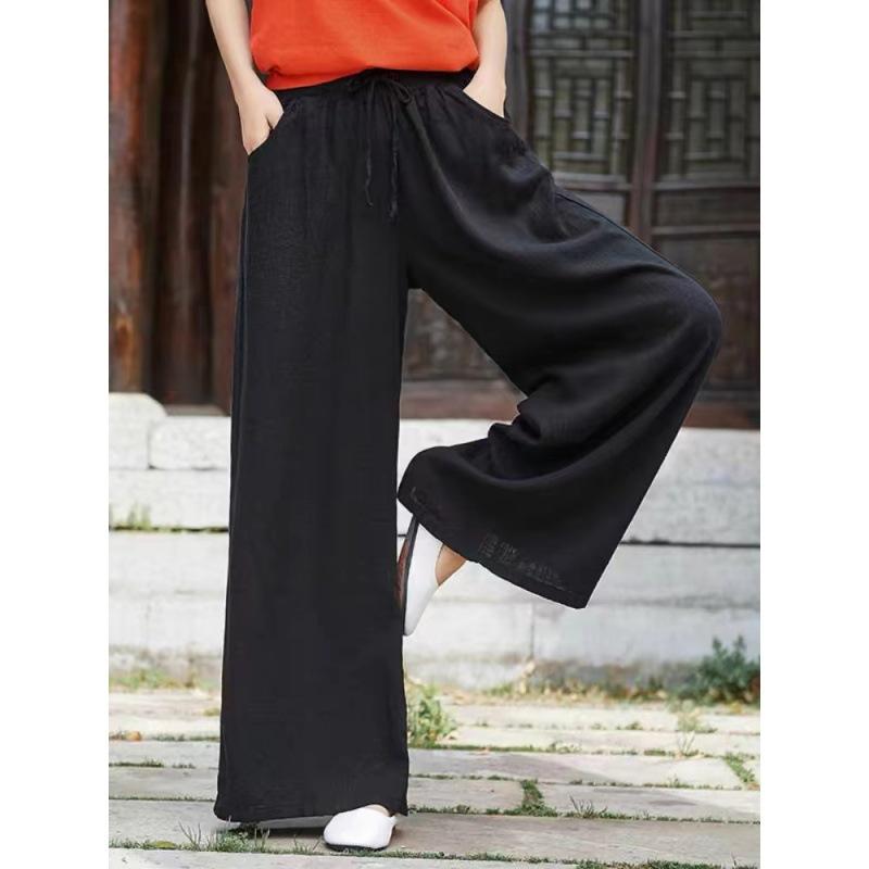 Casual Women's Solid Color Wide Leg Spring and Autumn Pockets Cotton Linen Women Long Pants