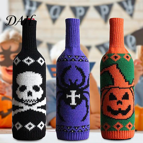 Festive Bar Accessories Halloween Wine Bottle Sweater, Reusable Knitted Champagne Cover, Pumpkin Skull Soft Fabric Wrap Spider Pattern Sleeve