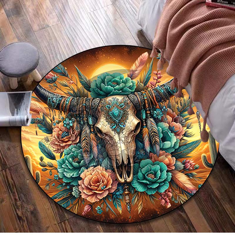 Cow Skull Circular Rug - Office Decorative Carpet For Living Room Bedroom Door Mat Floor Rug Computer Chair Area Rug