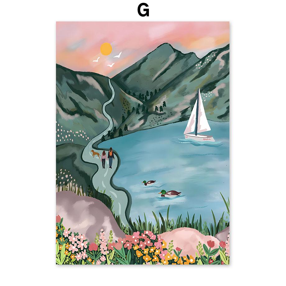 Бохо Абстрактная Девушка Озеро Птицы Лист Иллюстрация Настенное Искусство Холст Живопись Скандинавский Постер И Принты Картины Для Декора Гостиной