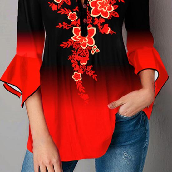 Винтажная рубашка с градиентным цветным принтом и нерегулярными расклешенными рукавами для женщин, тонкие все