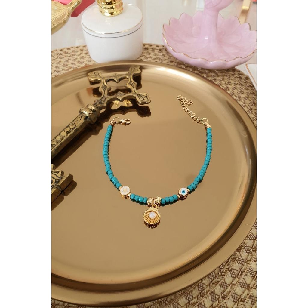 Звезда из бирюзового бисера, жемчужная мидия и ножной браслет от сглаза