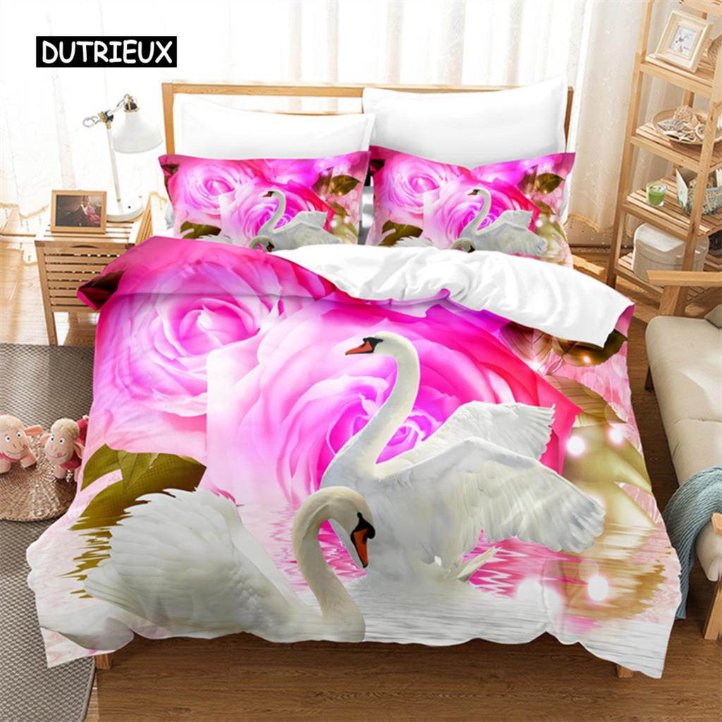 Комплект постельного белья Swan Rose Queen, комплект пододеяльников, постельное белье с цифровой печатью, комплект пододеяльников King Size, комплект постельного белья