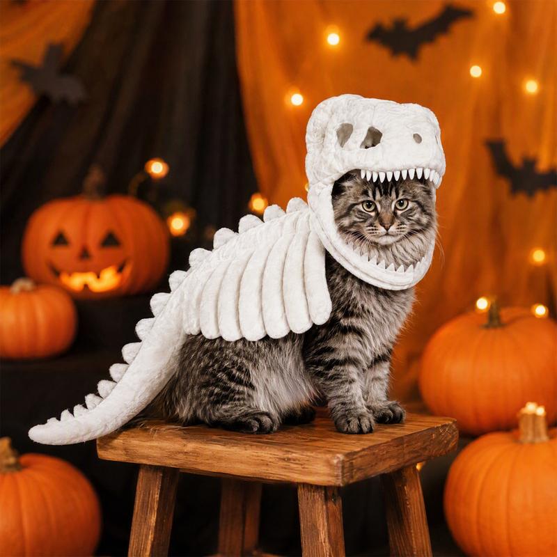 NEW Dinosaur Skeleton Glow in Dark Cat Costume, 25-120cm Dog Hood Outfit Pet Clothes for Halloween Cosplay with/without Glowing