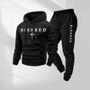 Mens Hooded Letter Print Casual Tracksuit Set Lightweight Warm Fleece Sweatshirt Jogger Pants