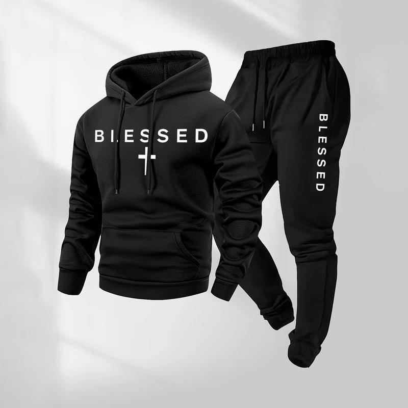 Mens Hooded Letter Print Casual Tracksuit Set Lightweight Warm Fleece Sweatshirt Jogger Pants