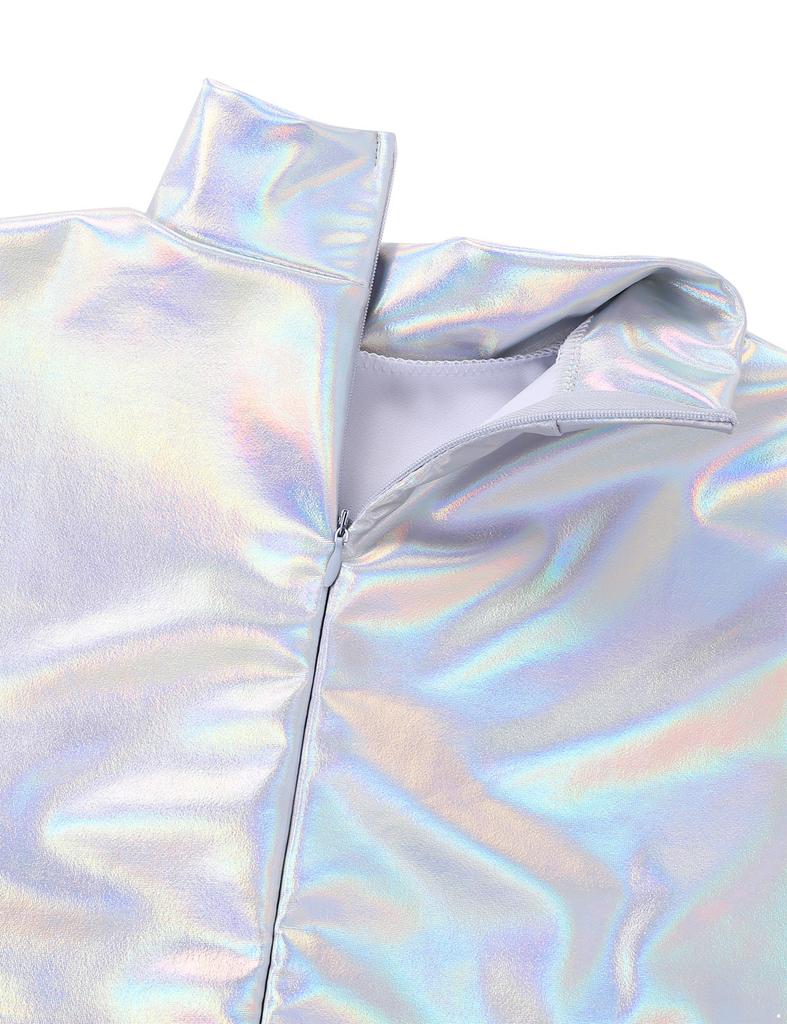 Women's Shiny Metallic Long Sleeve Turtleneck Thong Leotards Dance Gymnastics Bodysuit Clubwear