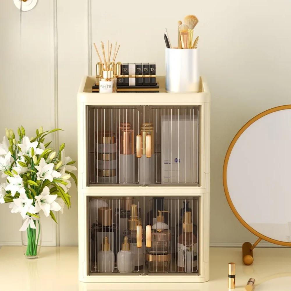 Foldable Cosmetics Storage Boxes Double Door Acrylic Skincare Organizer Case Household Multi Layer Stationery Organize Shelves