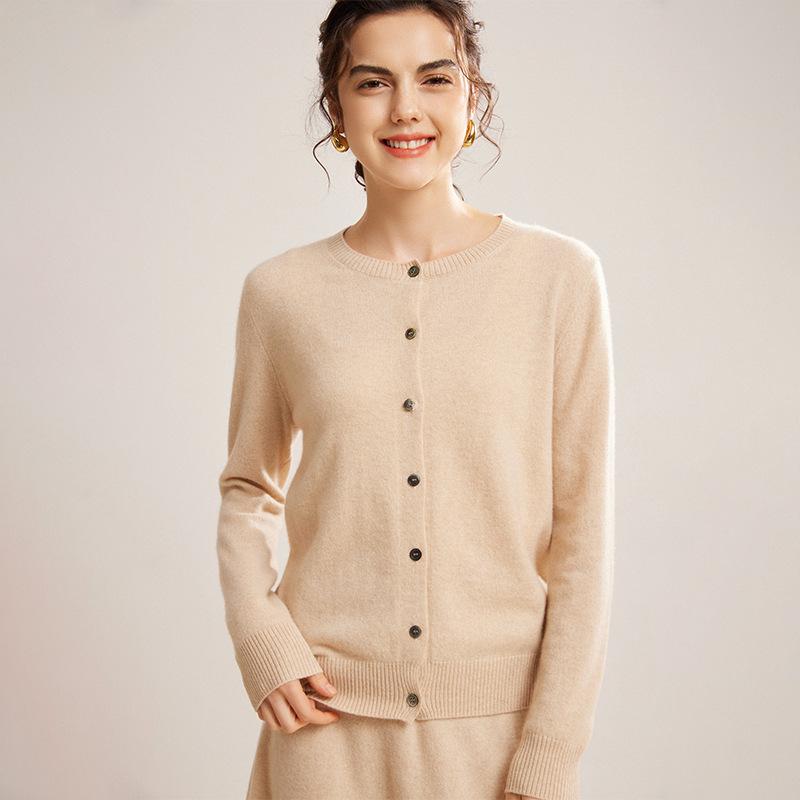 Mengyi Women's Pure Cashmere Round Neck Cardigan - Solid Color, Loose Fit, Warm Knit Outerwear for Spring/Autumn