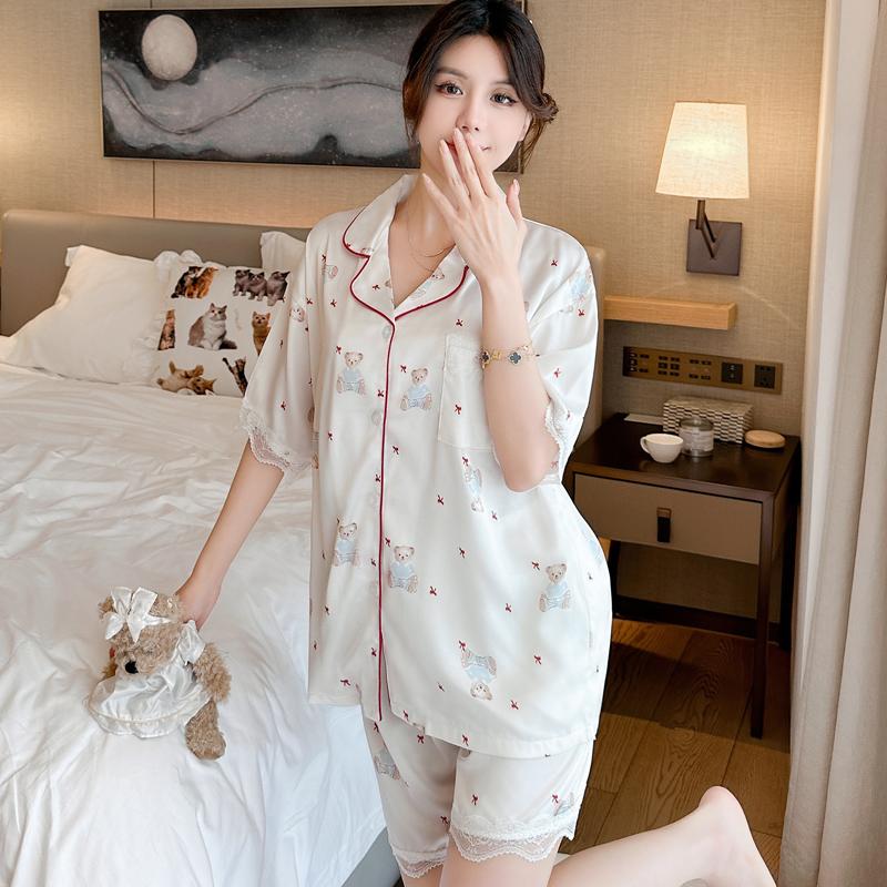 Summer Pink Women's Pajamas Set Luxury Satin Silk Pyjamas Short Sleeve Cute Cartoon Bear Print Sleepwear Casual Home Clothes Nightwear for Women