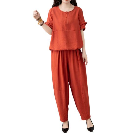 Женский комплект из хлопка и льна, повседневный комплект из 2 предметов: топ с короткими рукавами, круглым вырезом и длинными брюками с карманами, летний свободный домашний костюм